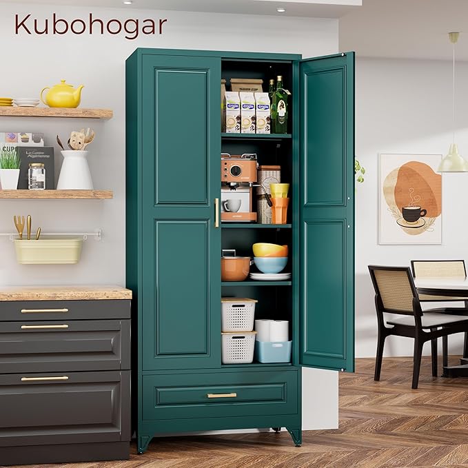 75" Kitchen Pantry Cabinet with Drawer, Metal Storage Cabinets with Doors and Adjustable Shelves, Green Tall Pantry Cabinet for Dinning Living Room, Home