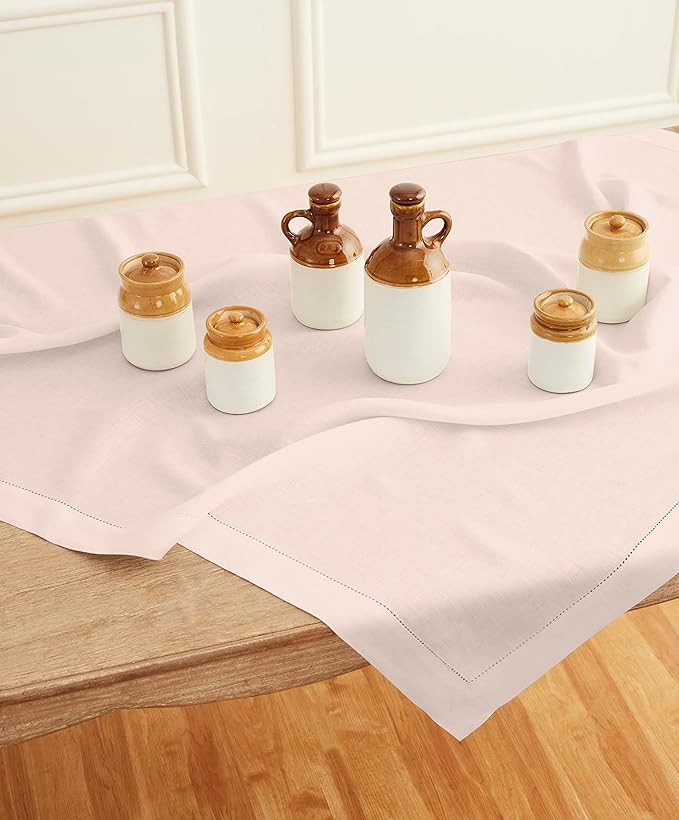 Solino Home Pink Linen Tablecloth 52 x 52 Inch - 100% Pure Linen Square Table Throw - Classic Hemstitch, Machine Washable Table Cloth for Valentines, Spring, Easter