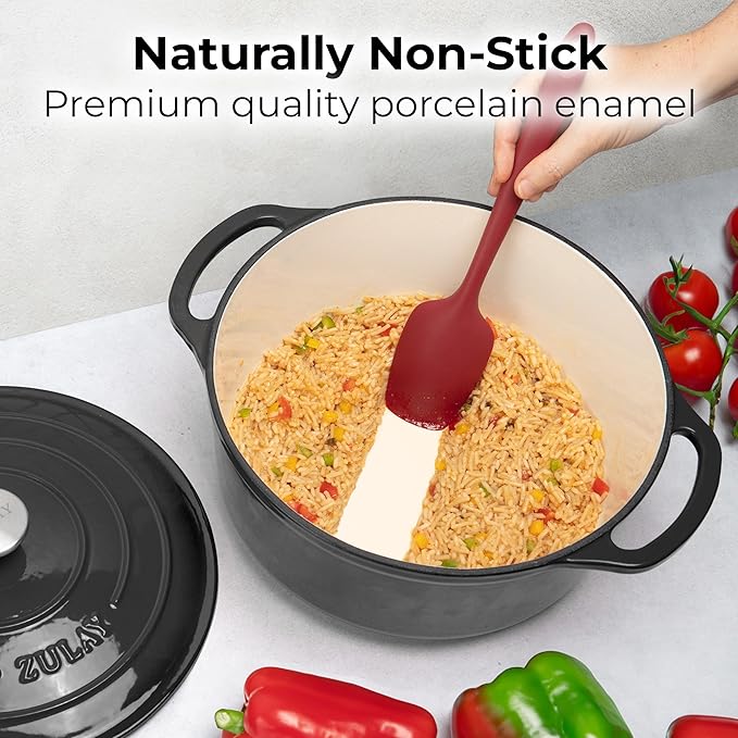 Zulay Kitchen 5 Quart Enameled Cast Iron Dutch Oven Pot with Lid ??Premium Durability & Oven Safe up to 500째F ??Heavy Duty Cookware Perfect for Bread Baking, Stews, Braising & Roasting ??Black
