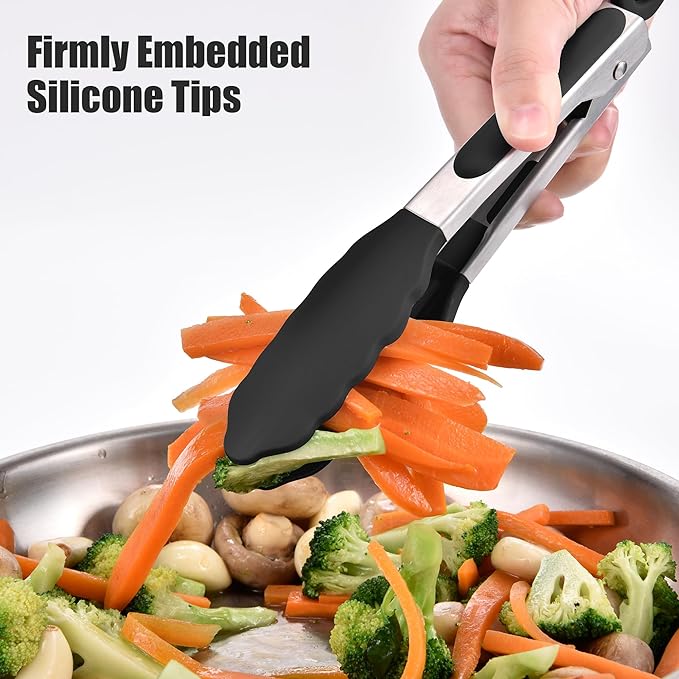 Doosu Kitchen Tongs for Cooking - 600째F Heat Resistant Food Tong with Non-Scratch Silicone Tips, Heavy Duty Stainless Steel Locking Tong for BBQ, Grilling Steak, Serving Salad, Pasta (7in, Black)