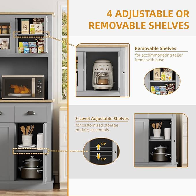 71" Kitchen Hutch with Charging Station, Tall Pantry Storage Cabinet with Microwave Stand, Adjustable Shelves, Slide Drawers, Large Buffet Pantry Cabinet for Kitchen, Dining Room, Grey