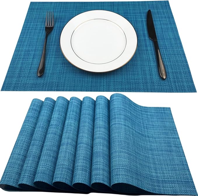 WAZAIGUR Placemats,Easy to Clean Crisscross Woven Vinyl Place Mats Durable Non-Slip Heat Resistant Table Mats,Placemats for Kitchen Table Set of 8,Blue