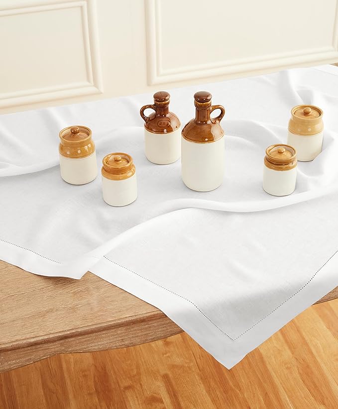 Solino Home White Linen Tablecloth 52 x 52 Inch - 100% Pure Linen Square Table Throw - Classic Hemstitch, Machine Washable Table Cloth for Winter, Valentines, Spring, Easter