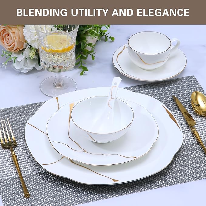 24 Piece White Porcelain Dinnerware set for 4,Plates and Bowls Sets With Gold Rim and gold accents,Highly Chip and Crack Resistant | Dishwasher Safe Dishes Set