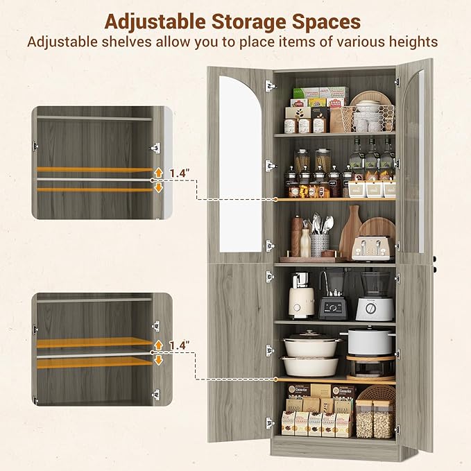 Cyclysio 80" Kitchen Pantry Cabinet, Tall Arch Storage Cabinet with Glass Doors, Freestanding Wood Floor Cupboard Bookcase with Seamless Fit Wall for Dining Room, Living Room, Bathroom (Ash Grey)