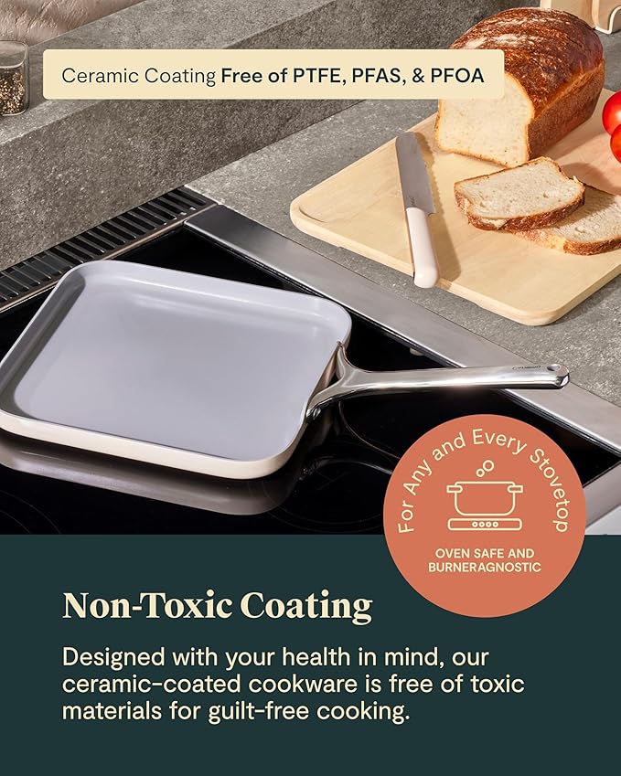 Caraway Square Griddle Pan - 11??Square Pan - Non-Stick Ceramic Coated - Non Toxic, PTFE & PFOA Free - Oven Safe & Compatible with All Stovetops - White