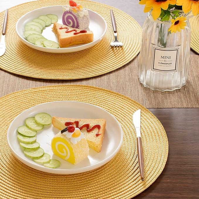 FunWheat Round Braided Placemats Set of 8 Place Mats for Dining Table Woven Washable Non-Slip Table Mats 15 Inch(Yellow,8pcs)