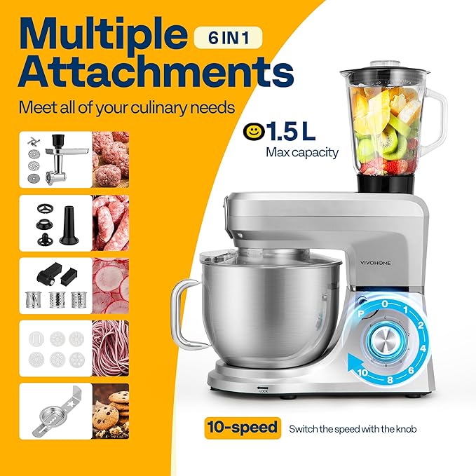 VIVOHOME 6-in-1 Stand Mixer, 8.5 Quart Electric Tilt-Head Kitchen Mixer with Bowl, Multifunctional Food Mixer for Cake, Bread, and Dough, with Meat Grinder, Blender, Pasta Maker Attachments, Silver