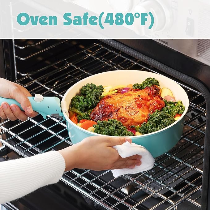 SENSARTE 17 Piece Ceramic Pots and Pans Set, Nonstick Detachable Handle Cookware, Induction Kitchen Cookware Set with Removable Handle, Dishwasher 竊?Oven Safe (Turquoise)