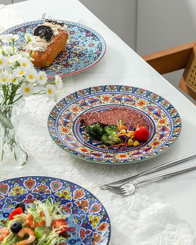 glowworm Dinner Plates Set of 4, 10.5 Inch Ceramic Plates for Steak, Dishes Set for Kitchen, Housewarming Gift竊똌icrowave, Oven & Dishwasher Safe, Bohemian