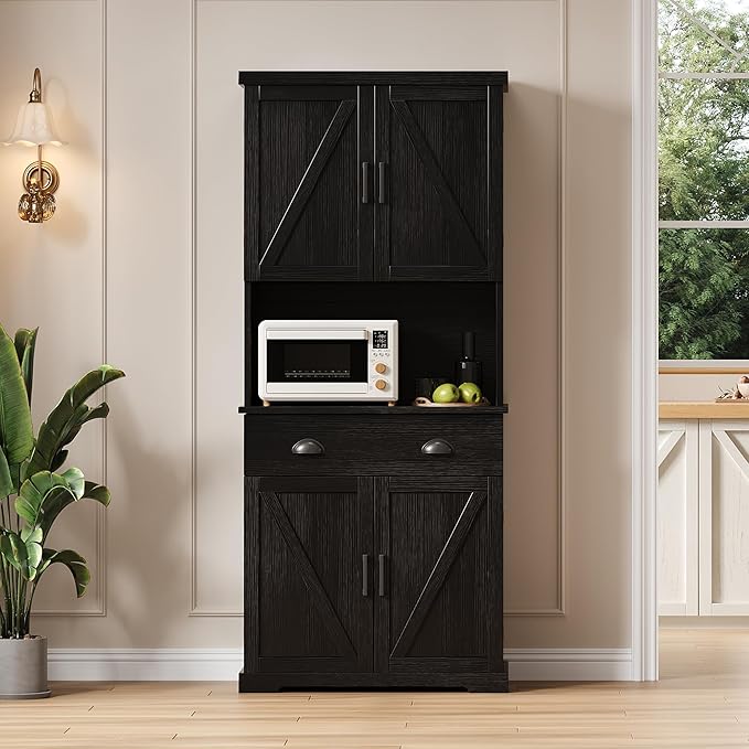 ChooChoo 72" Pantry Cabinet with Storage Drawers, Farmhouse Kitchen Hutch Bar Cabinet with Microwave Stand, Kitchen Cupboard with Door Shelves for Dining Room, Living Room, Black