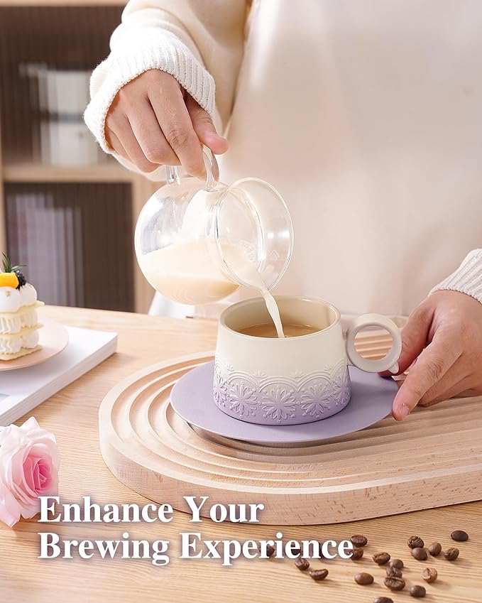 ZENS 7.3 Ounce Cappuccino Cups Set of 2, Artistic Embossed Ceramic Cappuccino Mugs and Saucers, Double Espresso Cups Set of 2 for Au Lait, Cafe Mocha or Matcha Latte or Tea, Pale Purple