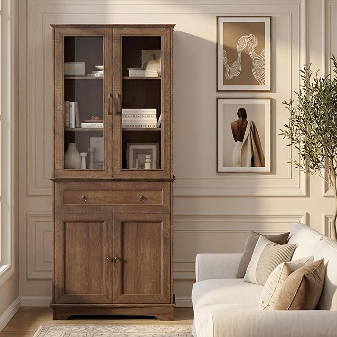 Set of 2 72" Tall Kitchen Pantry Storage Cabinets with Glass Doors and Drawer, Farmhouse Cupboards with Adjustable Shelves, Freestanding Food Pantries for Kitchen, Dining Room, Brown