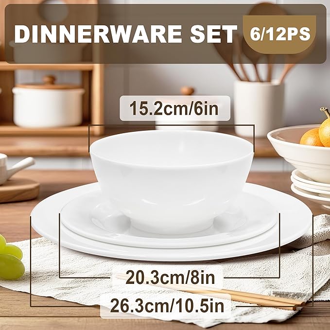 12 Sets Plates And Bowls Set(36 Piece) - Unbreakable Lightweight Dinnerware Set With 26 oz Cereal Bowls 8 inch Dessert Plates 10.5inch Dinner Plates Dishwasher Safe Reusable Gift for Wedding Home