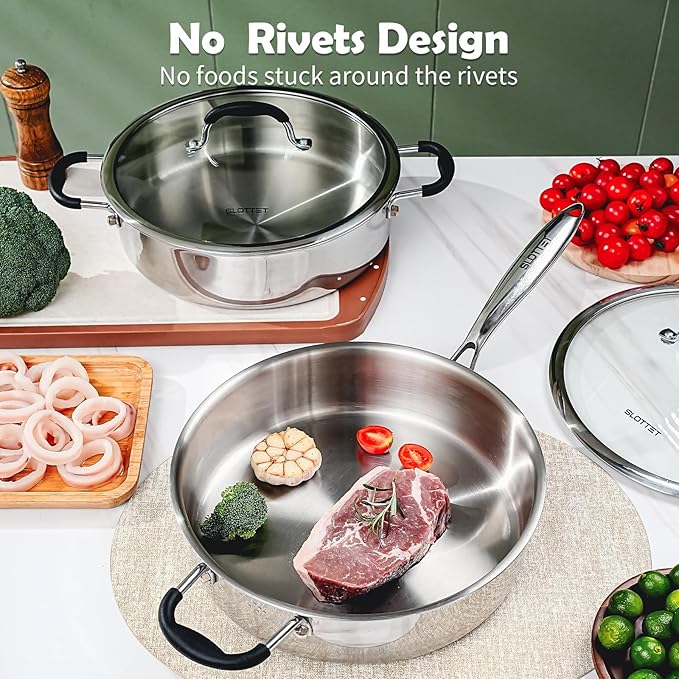Tri-Ply Stainless Steel Saute Pan with Lid, 5 Quart Deep Saut챕 Pan with Stay Cool Handle,11.5 Inch Frying Pan,Dishwasher and Oven Safe,Induction Stainless Steel Cookware