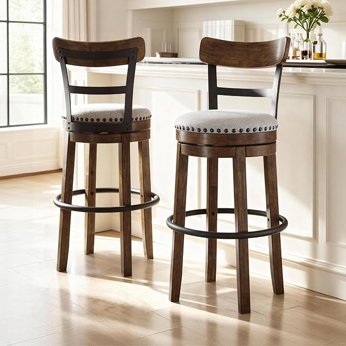 Signature Design by Ashley Valebeck | 30??Farmhouse Pub-Height Swivel Barstool With Back ??Upholstered Cushion, Nailhead Trim, Metal & Wood Frame, Brown