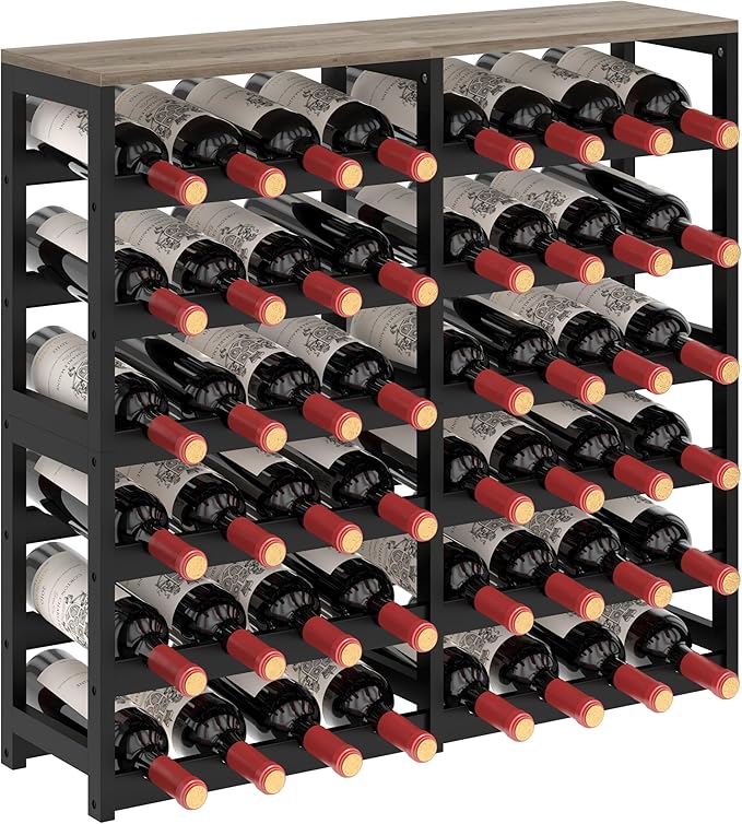 6 Tier Bamboo Wine Rack with Table Top, Freestanding 48-Bottle Wine Storage Shelf, Wine Display for Kitchen, Bar, Dining Room, Living Room, Ivory White and Black