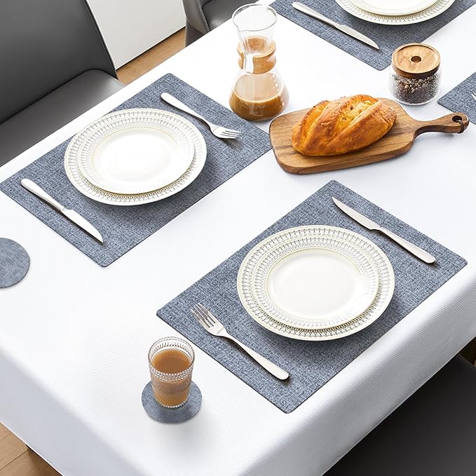 MOSAYT Placemats Set of 8, Heat Resistant Vinyl Place Mats with Coasters, Wipeable Washable 100% Waterproof Oil Proof Faux Leather Table Mats for Kitchen Dining Party Outdoor, 12" x 17", Sky Blue