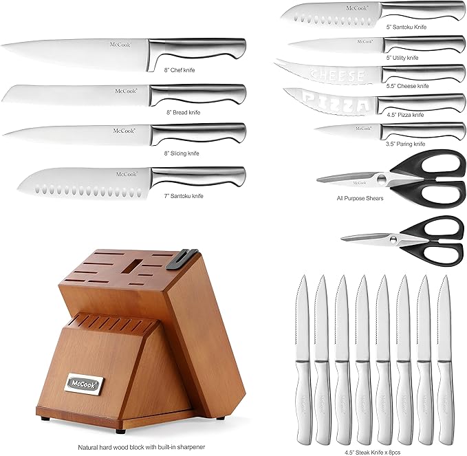 McCook짰 Knife Sets,German Stainless Steel Kitchen Knives Block Set with Built-in Sharpener