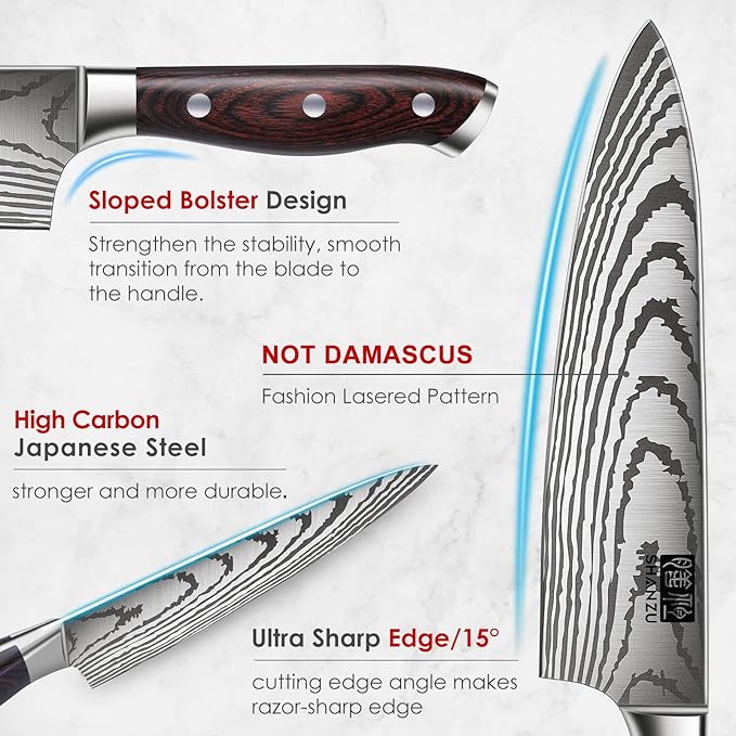 SHAN ZU Japanese Chef Knife Set 5 PCS, High Carbon Stainless Steel Ultra Sharp Kitchen Knives for cooking, Professional Chef Knife Set with Ergonomic Pakkawood Handle