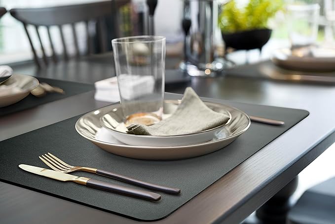 More D챕cor Faux Leather Placemats Set of 6 for Dining Table ??Waterproof, Wipeable, Washable, Stain & Heat Resistant, Non-Slip Table Mats ??12 X 17 Inch (Solid Black, 6)