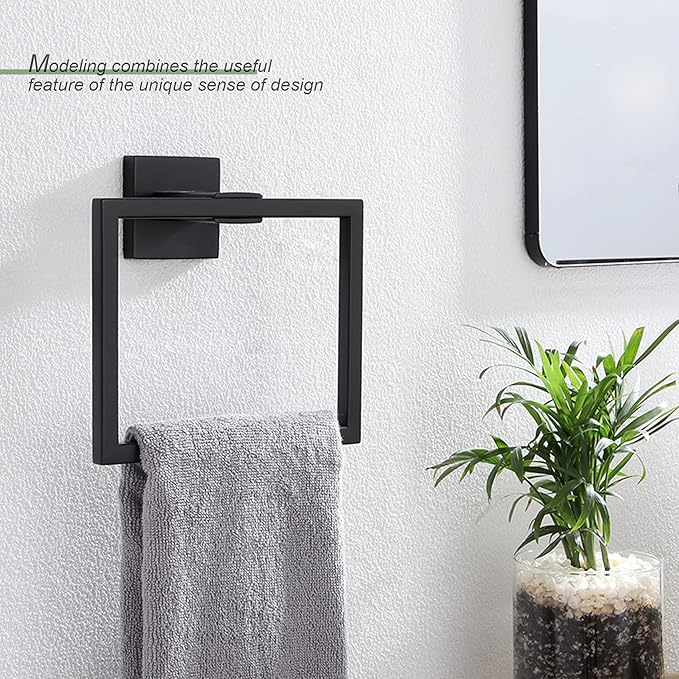 KOKOSIRI Hand Towel Ring Shower Towel Hanger 2PC Bath Towel Holder Bathroom Lavatory Stainless Steel Wall Mount 2 Pack, Matte Black, B3004BK-P2