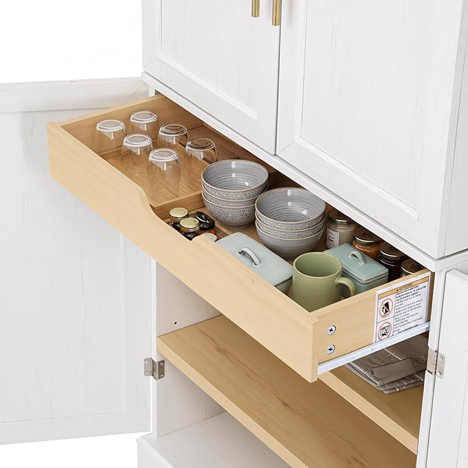 78" Farmhouse Tall Kitchen Pantry Cabinet, Wood Storage Cabinets with Hidden Drawer and 4 Adjustable Shelves, Cupboard with Wine Rack and Door Shelves for Kitchen Dining Room, White