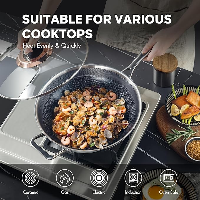 Hybrid 12-Inch Wok with Lid,Nonstick Stainless Steel Woks & Stir-fry pans,Wok Pan,PFAS PFOA PTFE Free,Dishwasher-Friendly,Oven-Safe Up to 600째F,Compatible with All Cooktops