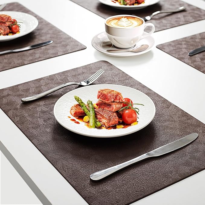Uolr Vinyl Placemats Set of 8 Faux Leather 100% Waterproof Wipeable Washable Place Mats Heat Resistant Easy Clean Non-Slip Table Mats for Indoor Outdoor. (8,Coffee)
