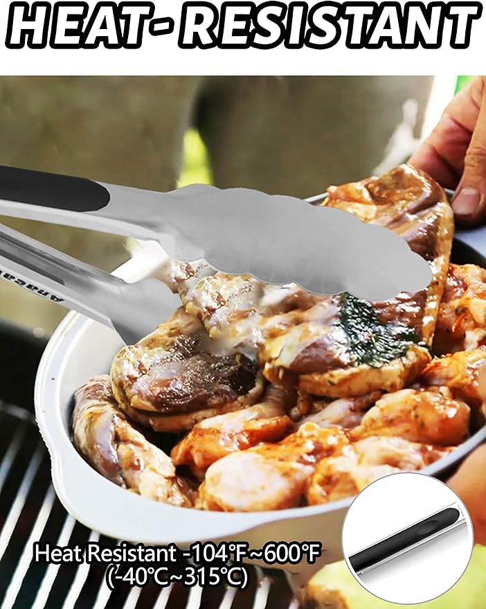 Anaeat 7" Mini Cooking Tong Stainless Steel - Sturdy Coiled Spring Locking Kitchen Food Tong with Non-Slip Silicone Grip for Serving, Cooking, Baking - Heat Resistant up to 480째F (Black)