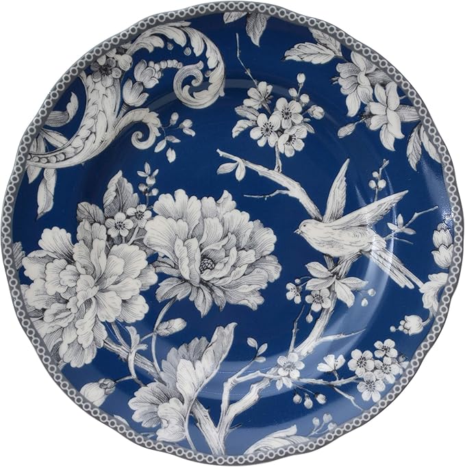 222 Fifth Adelaide 16-Piece Dark Blue Porcelain Dinnerware Set ??Service for 4, Plate, Bowl & Mug Set, Bird & Floral Design, for Everyday Dining & Entertainment, Microwave & Dishwasher Safe