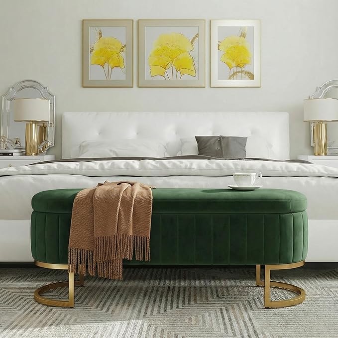 VIROL 51 Inch Storage Ottoman Bench Velvet End of Bed Storage Bench King Size Upholstered Tufted Bench Large Space for Bedroom Living Room Entryway Green