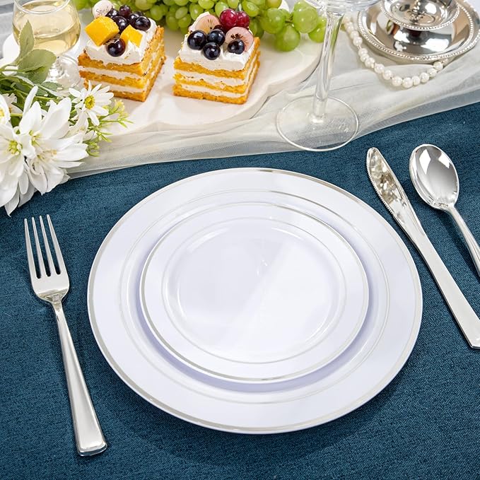 NOCCUR 200PCS Silver Plastic Plates Disposable for 100 Guests - Include 100 Dinner / 100 Dessert Plates Heavy Duty - Ideal for Party/Wedding/New Year