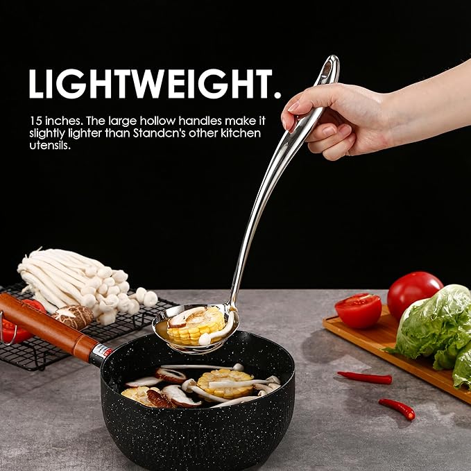 18/10 Stainless Steel Cooking Utensils Set with Holder, 7-Pieces All Metal Kitchen Utensils, 15?쇺?Long Kitchen Tools with Countertop Rotating Stand, Spatula, Ladle, Skimmer, Tunner, Pasta, Large Spoon