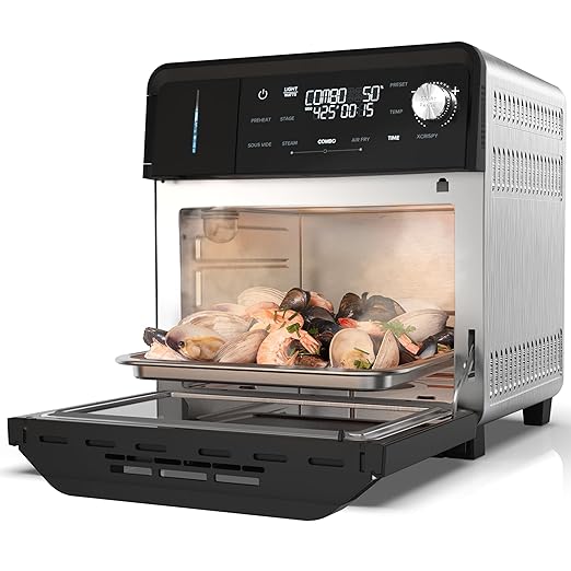 Nuwave PFAS-Free Steam Oven & Air Fryer, All-in-One Convection Cooker with Precision Steam Control, Toast, Air Fry, Sous Vide, Steam & More, Juicier Meats, 120 Presets, 50??50°F, Stainless Steel