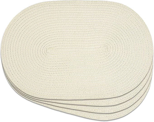 Noctiflorous Oval Braided Placemats Set of 4 Woven 12x18 Inch Non Slip Washable Heat Resistant Place Mats Round Tablemats for Dining Kitchen Party Daily Table Decor Dinner Mats (Solid Beige White, 4)