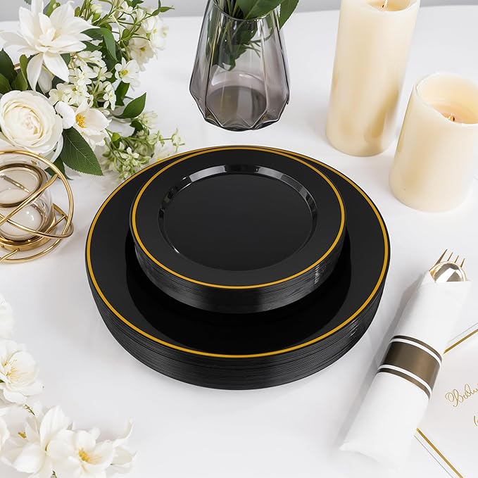 SUT 175 Pcs Black and Gold Plastic Dinnerware Set for 25 Guests, Include: 25 Dinner Plates, 25 Dessert Plates, 25 Pre Rolled Napkins With Silverware, 25 Cups, Disposable Plates for Party
