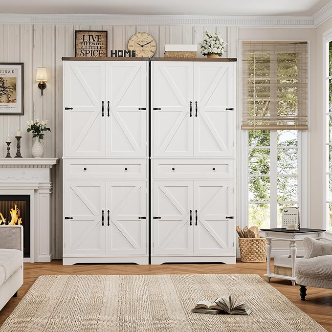 HOSTACK 71" Tall Pantry Cabinet, Farmhouse Kitchen Pantry with Storage Shelves, Barn Doors Food Storage Cabinet, Freestanding Kitchen Hutch with Large Drawer for Living Room, White + Rustic Brown
