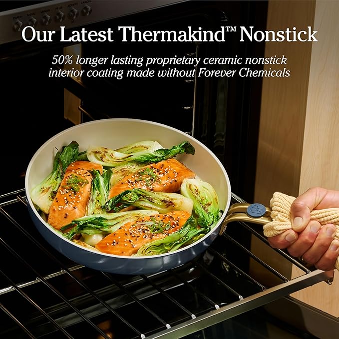 Our Place 8-Piece Essentials Complete Cookware Set - Ceramic Fry Pan Trio & Modular Rack Storage | Nontoxic Thermakind??Nonstick, Oven Safe up to 450째F & Compatible with All Cooktops | Cream