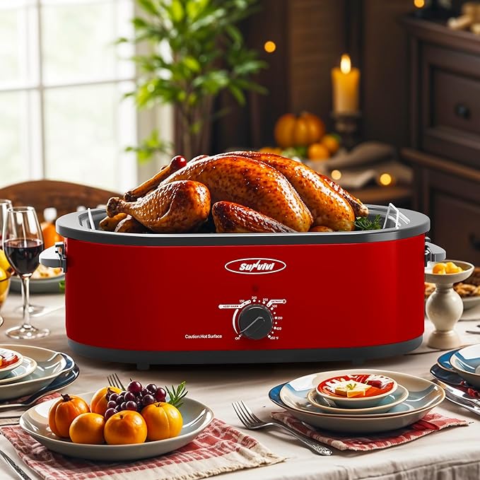Sunvivi 20-Quart Roaster Oven with Self-Basting Lid, Electric Turkey Roaster Oven with Removable Pan and Rack, Stainless Steel, Red