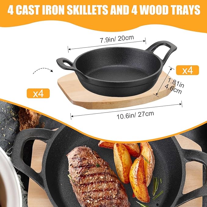 Sliner 4 Sets Mini Cast Iron Skillet Small Cast Iron Plates Skillet with Wooden Base Small Round Pan Fajita Plate Pot for Baking Cooking(7.9 Inches)
