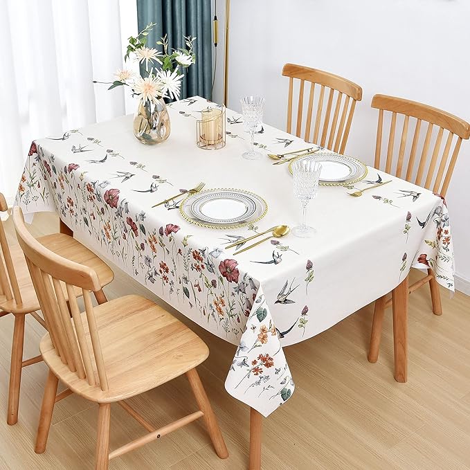 LOHASCASA Vinyl Rectangle Tablecloth Farmhouse Summer Vinyl Oil Cloth Table Cover Plastic Waterproof Tablecloths Spillproof Wipeable PVC Table Cloth for Kitchen Tables 54 x 70 Beige Floral Bird