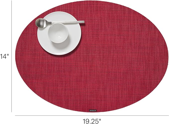 Chilewich Mini Basketweave Placemats in Scarlet - Set of 4 - Easy Care Woven Tabletop Textiles - Indoor/Outdoor - 19.25" x 14" Oval