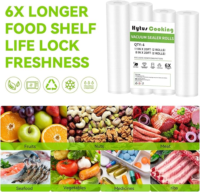 [4 Pack] Vacuum Sealer Rolls Bags for Food Saver, 2 Rolls 11" x 20' and 2 Rolls 10" x 20' Commercial Grade Food Sous Vide Bag Rolls for Storage, BPA FREE
