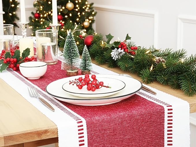 PurpleEssences Table Runner - Wide with Dobby Stripe, Heavy Ribbed Weave & Double Knot Fringes, 14x90 Inch (14x95.5 with Fringes) Boho Farmhouse Decor - Christmas Holiday Winter - Red and White