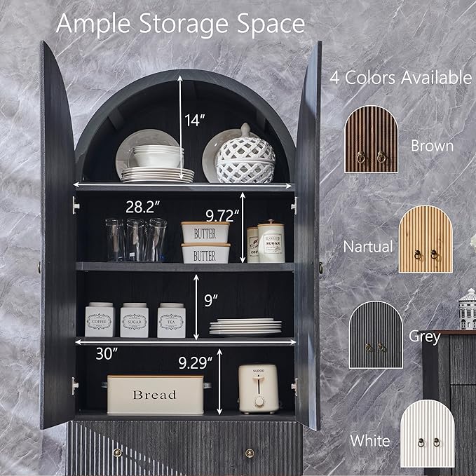 71" Tall Arched Pantry Cabinet, Fluted Kitchen Storage Cabinet with Adjustable Shelves and 2 Large Drawers, Freestanding Morden Versatile Cupboard for Living Room, Bathroom, Dark Gray
