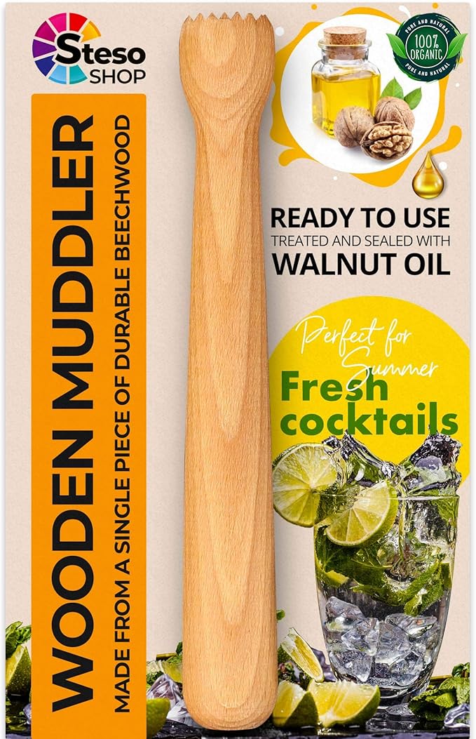 Steso Bar Muddler Wood - Mojito Cocktail Muddler - Mint Lime Herbs Lemon Garlic Crusher - Durable Stable Powerful