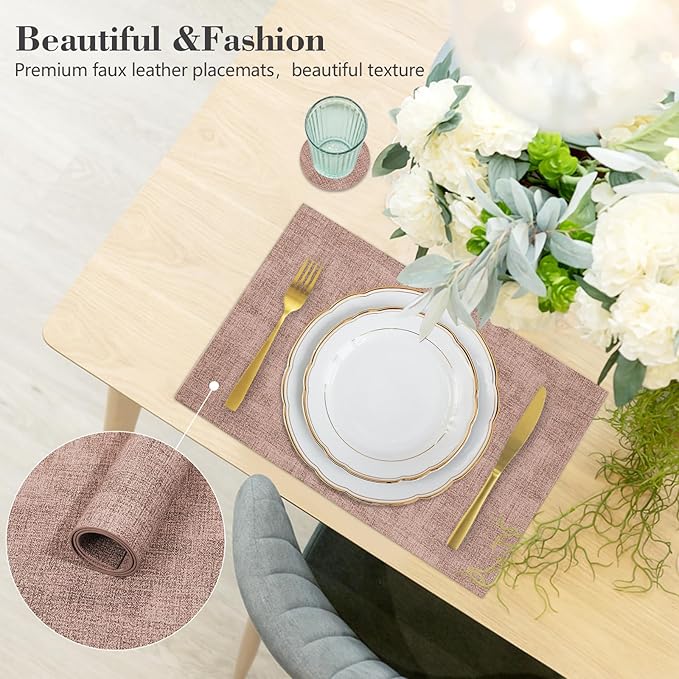 JUCCWARM Faux Leather Placemats Set of 6,Heat Resistant Placemats for Dining Table, Easy Clean Non-Slip Place Mats, Waterproof Stain Resistant Wipeable Washable PU Table Mats, (Pink)