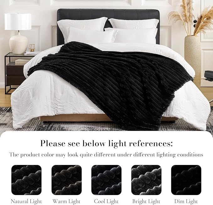 Am챕lie Home Faux Fur Throw Blanket for Couch, Cozy Fuzzy Fluffy Fur Luxurious Soft Striped Plush Gift Blankets for Family Sofa Chair Bedroom, 55"x70", Black