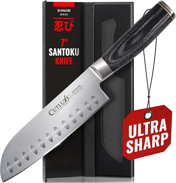 Santoku Knife ??Ultra Sharp 7 Inch Meat and Vegetable Japanese Knife for Chopping, High Carbon Stainless Steel Blade, Full Tang Pakkawood Handle ??Shinobi Series